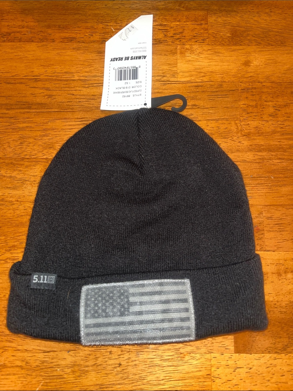 5.11 Tactical Black Beanie with Subdued USA Flag Patch